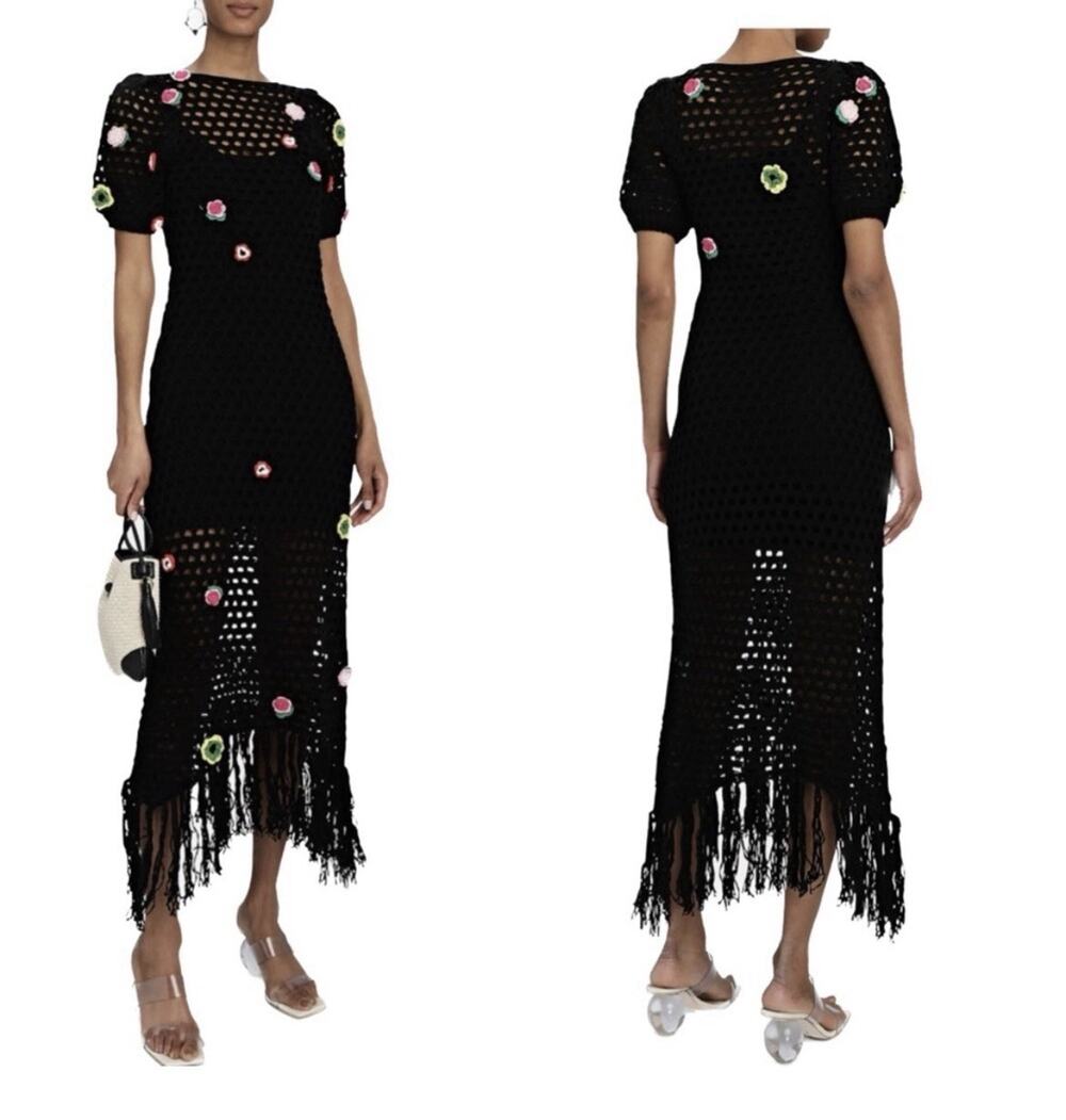 Something Navy Black Crochet Floral Applique Maxi Dress XS NWT
